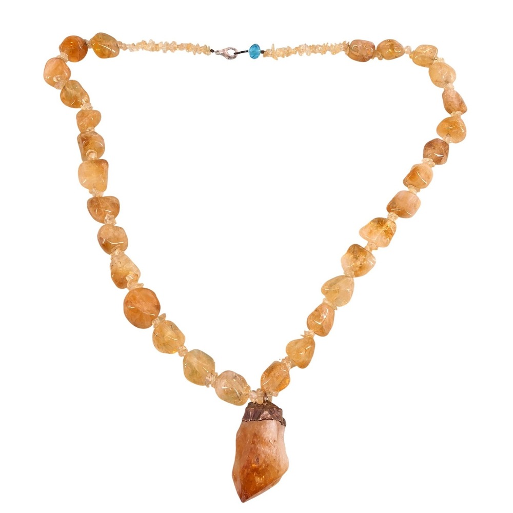 Raw Citrine Crystal Pendant Necklace 24" Beaded Boho‎ Gemstone Jewelry Orange